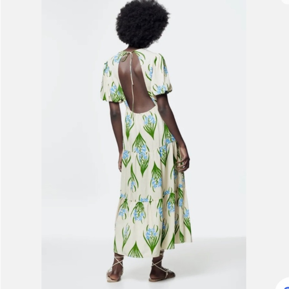 ZARA Sofia Open Back Cream Green Blue Tiered Dress Size Large